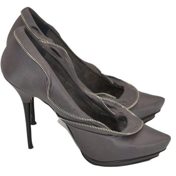 Report Gray Satin Leather & Zipper Ruffle Platform Modern Mod Stilettoes Heels 7 - Picture 2 of 12